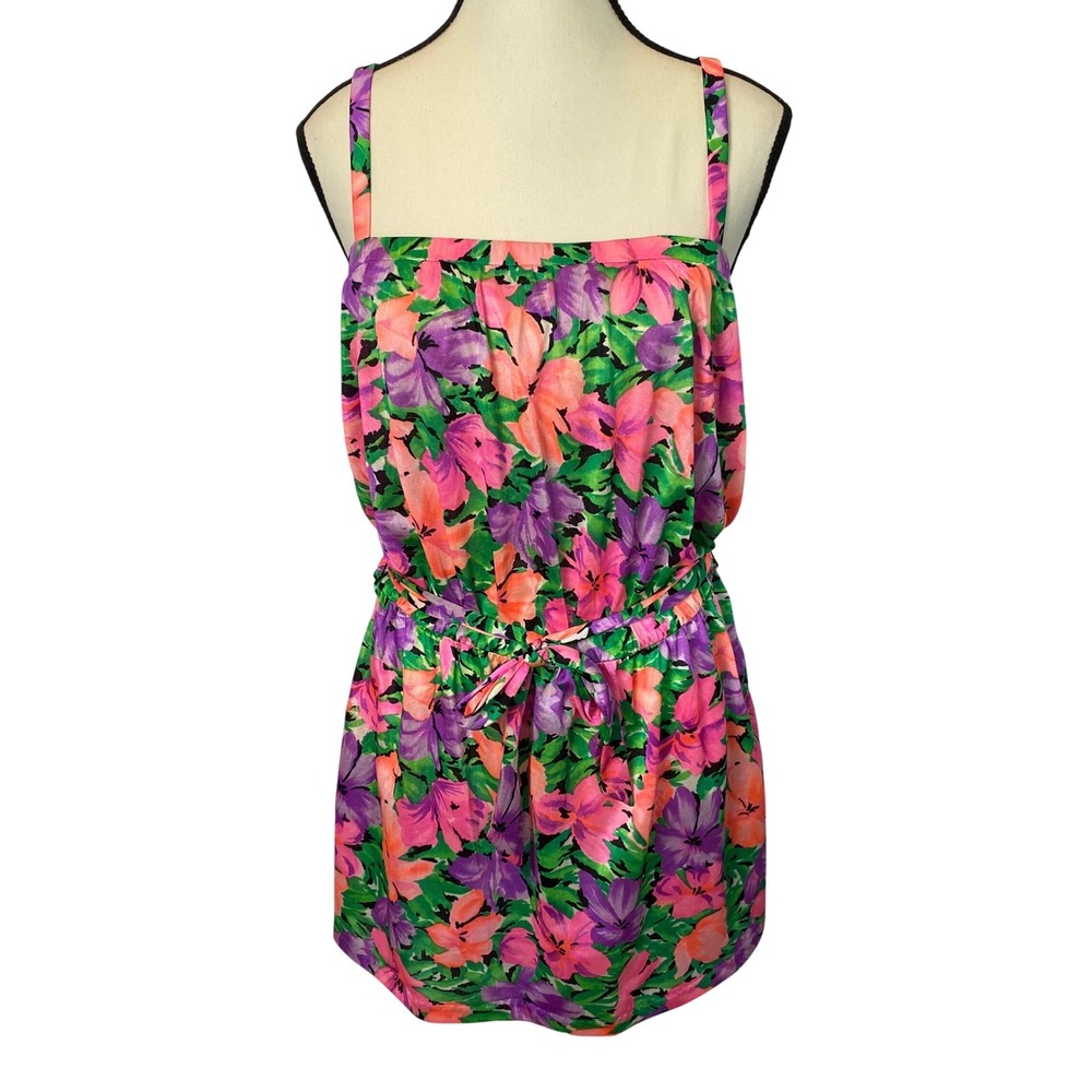 Vintage Illusions by Catalina Swim Dress Cover Up Women 12 Floral Neon Retro USA